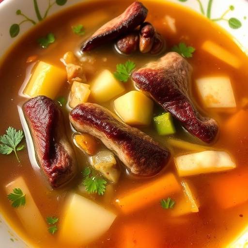 A bowl of Biltong soup, showcasing the dried, cured meat's unique flavor in a warm, comforting broth with visible vegetable pieces.