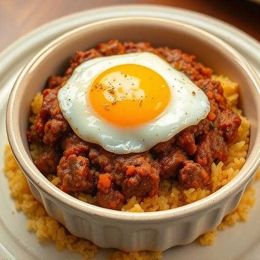 A close-up shot of bobotie, a spiced minced meat dish with an egg-based topping, served in a ceramic dish with yellow rice.