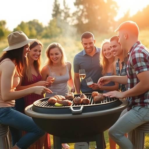 A group of friends gathered around a braai, grilling meat and vegetables