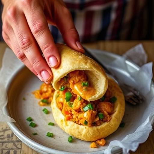 A hand preparing Bunny Chow, a Durban-style hollowed-out loaf of bread filled with spicy curry.