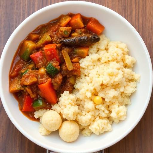 A plate of hearty chakalaka, a spicy vegetable relish, served alongside pap, a maize porridge staple of South African cuisine.