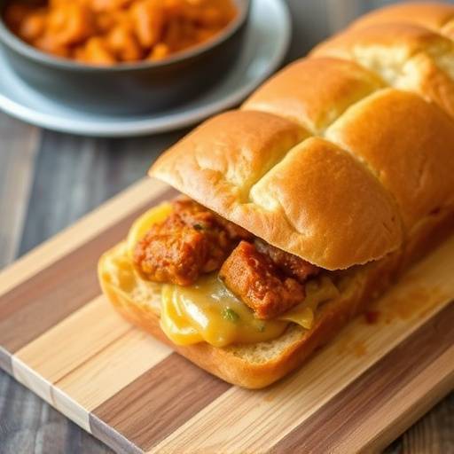 A serving of bunny chow, a hollowed-out loaf of bread filled with a flavorful curry, displayed on a wooden board.