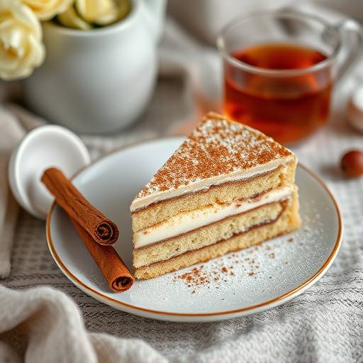 A slice of Melktert, a creamy South African milk tart with a cinnamon dusting, sitting on a plate next to a cup of rooibos tea.