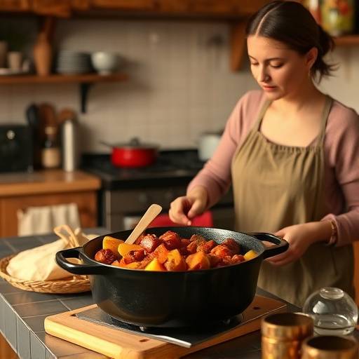A warmly lit kitchen scene with a woman preparing a traditional South African meal, such as bobotie, in a cast iron pot on a wooden stove.