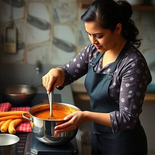 Aisha Patel, recipe developer and tester for Nomsa's Kitchen, stirring a pot of curry