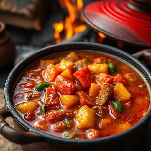 Close-up of a potjie kos, a traditional South African stew cooked in a cast-iron pot over an open fire, showcasing the rich colors and textures of the ingredients.