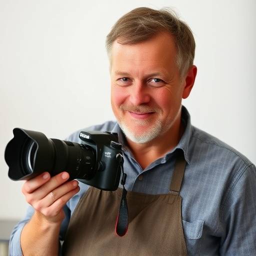 David Coetzee, food writer and photographer for Nomsa's Kitchen, holding a camera and smiling